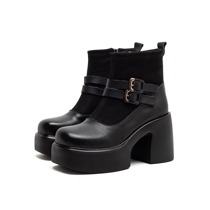 90mm Chunky Heel Retro Patchwork Leather Platform Ankle Boots in Black/Coffee