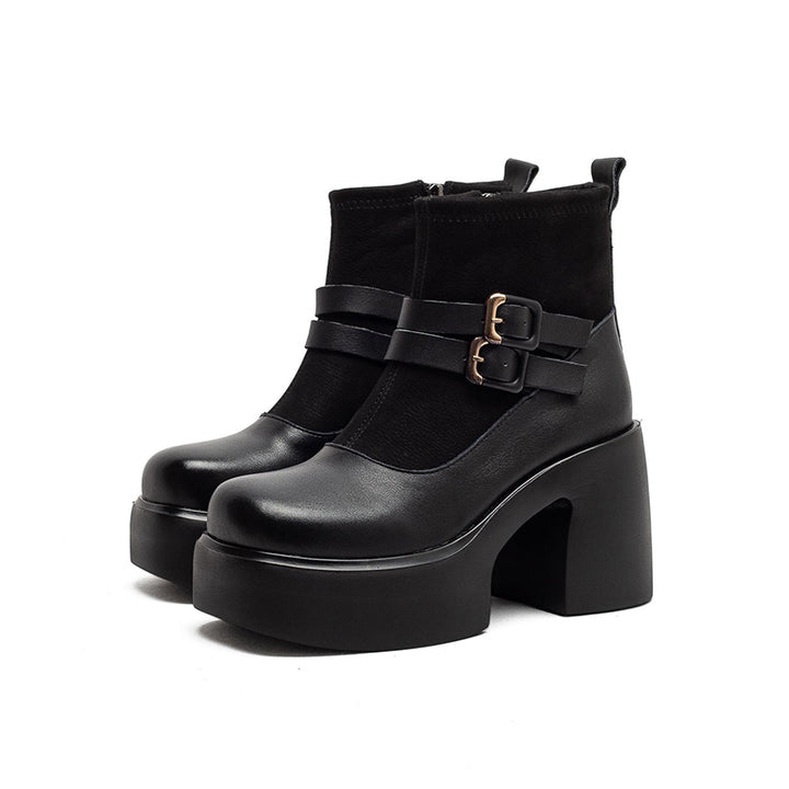 90mm Chunky Heel Retro Patchwork Leather Platform Ankle Boots in Black/Coffee