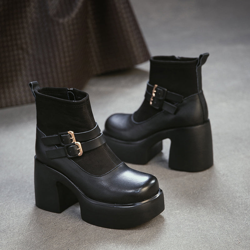 90mm Chunky Heel Retro Patchwork Leather Platform Ankle Boots in Black/Coffee