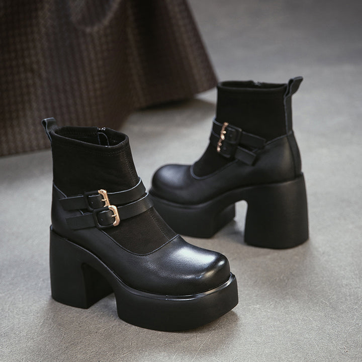 90mm Chunky Heel Retro Patchwork Leather Platform Ankle Boots in Black/Coffee