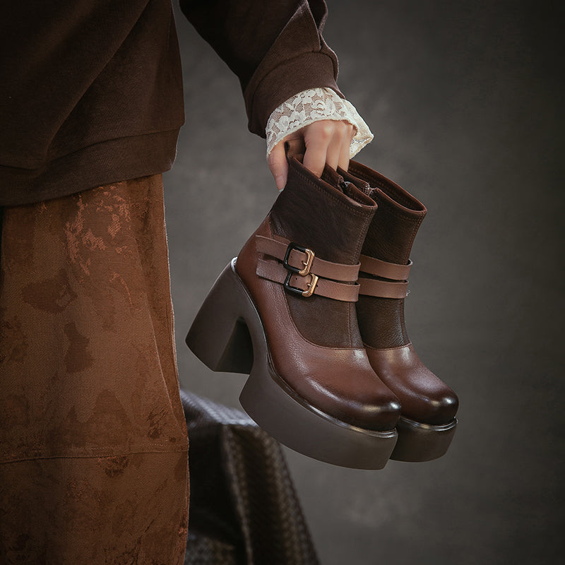 90mm Chunky Heel Retro Patchwork Leather Platform Ankle Boots in Black/Coffee