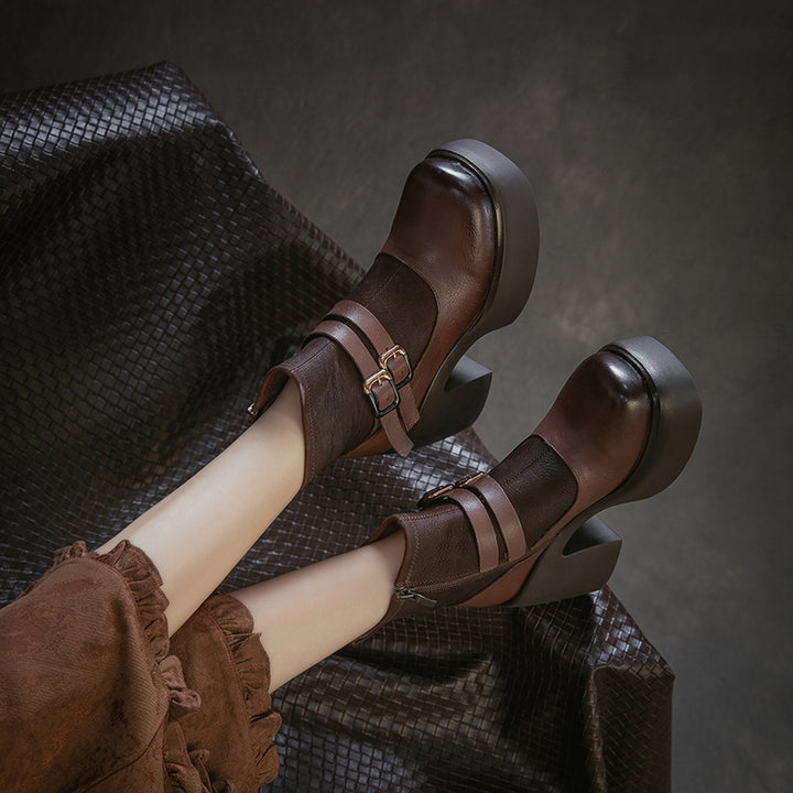 90mm Chunky Heel Retro Patchwork Leather Platform Ankle Boots in Black/Coffee