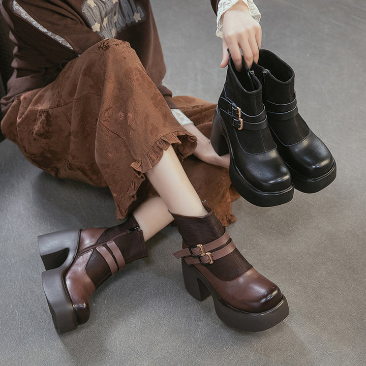 90mm Chunky Heel Retro Patchwork Leather Platform Ankle Boots in Black/Coffee
