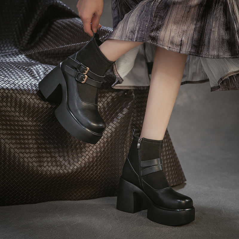 90mm Chunky Heel Retro Patchwork Leather Platform Ankle Boots in Black/Coffee