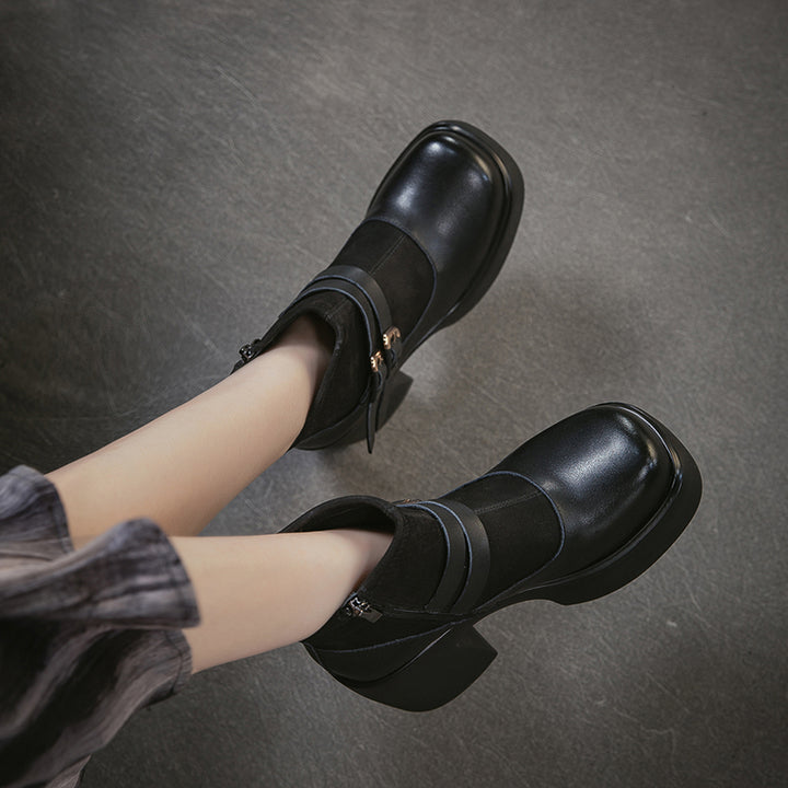 90mm Chunky Heel Retro Patchwork Leather Platform Ankle Boots in Black/Coffee