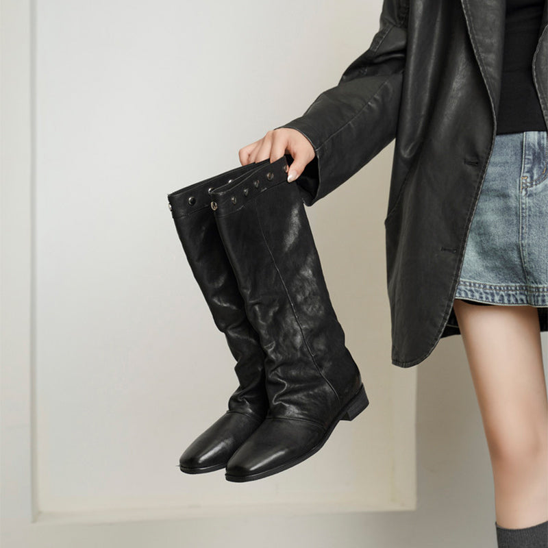 Bottes en cuir à talon compensé large pour femmes, bottes de randonnée, en noir/bleu - bottes hautes en cuir repliables