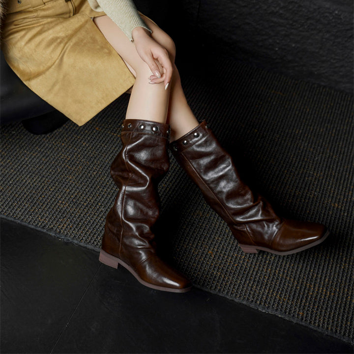 Bottes en cuir à talon compensé large pour femmes, bottes de randonnée, en noir/bleu - bottes hautes en cuir repliables