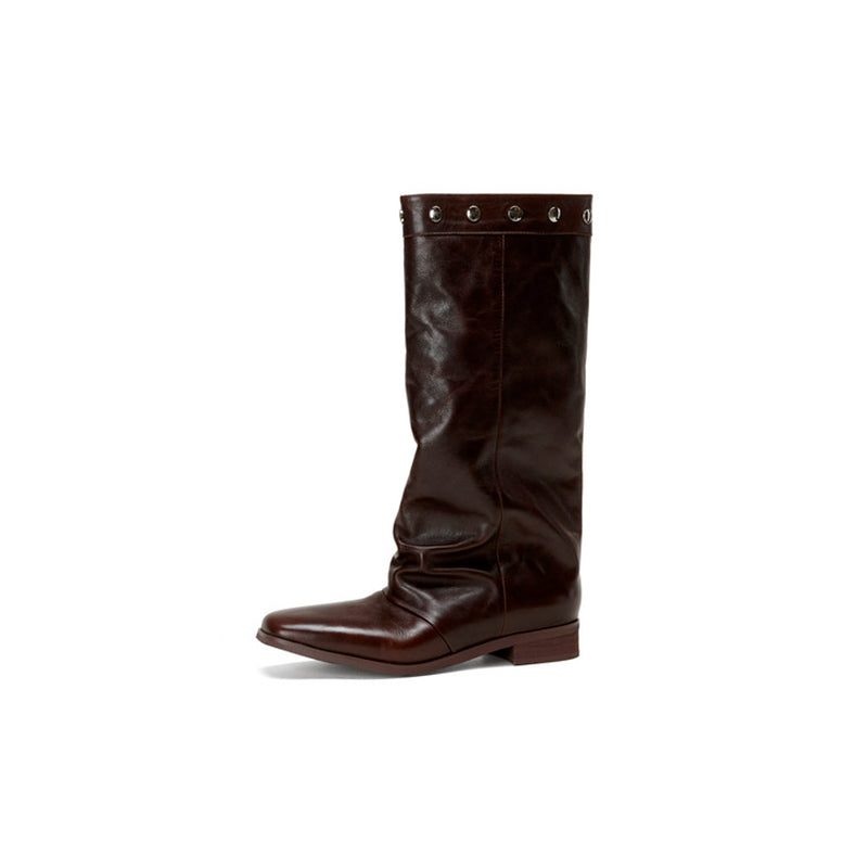 Bottes en cuir à talon compensé large pour femmes, bottes de randonnée, en noir/bleu - bottes hautes en cuir repliables