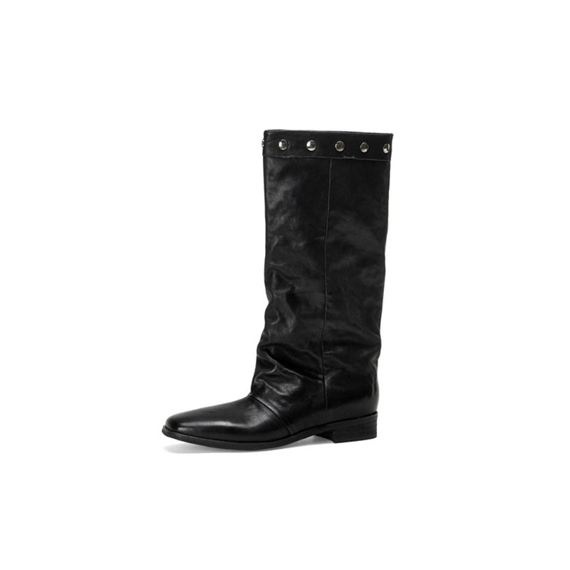 Bottes en cuir à talon compensé large pour femmes, bottes de randonnée, en noir/bleu - bottes hautes en cuir repliables