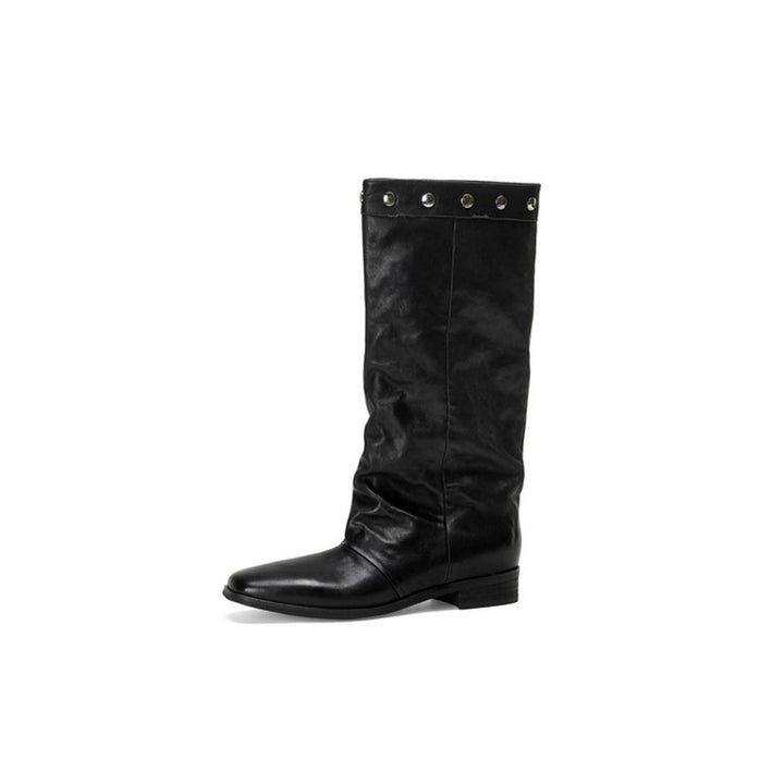 Bottes en cuir à talon compensé large pour femmes, bottes de randonnée, en noir/bleu - bottes hautes en cuir repliables