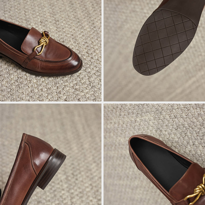 Mocassins chunky rétro en cuir véritable pour femmes, chaussures à plateforme à bout rond, chaîne en métal, faites à la main en noir/marron