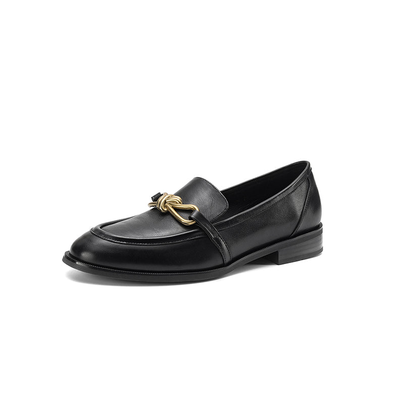 Mocassins chunky rétro en cuir véritable pour femmes, chaussures à plateforme à bout rond, chaîne en métal, faites à la main en noir/marron