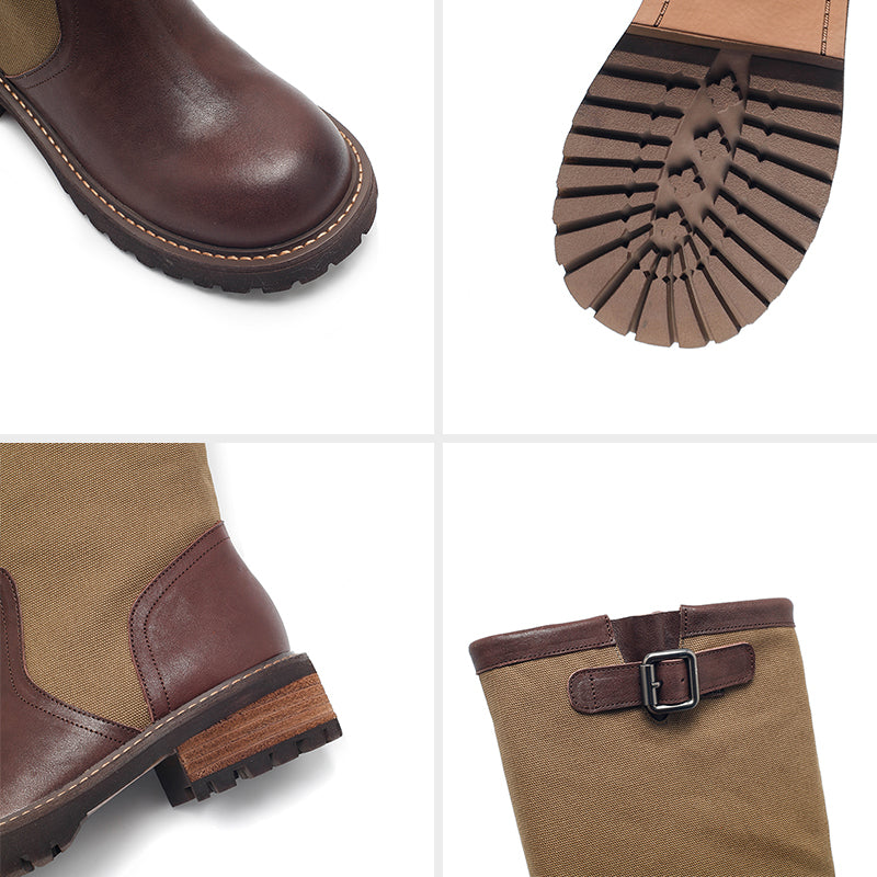 Dwarves Handmade Two-Tone Knee-High Engineer Boots Leather Linen Biker Boots in 2 Colors