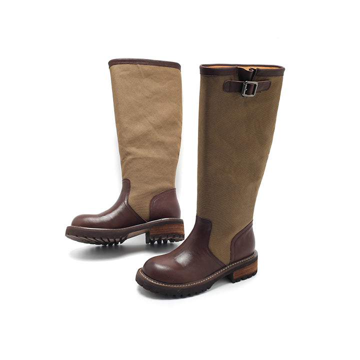 Dwarves Handmade Two-Tone Knee-High Engineer Boots Leather Linen Biker Boots in 2 Colors