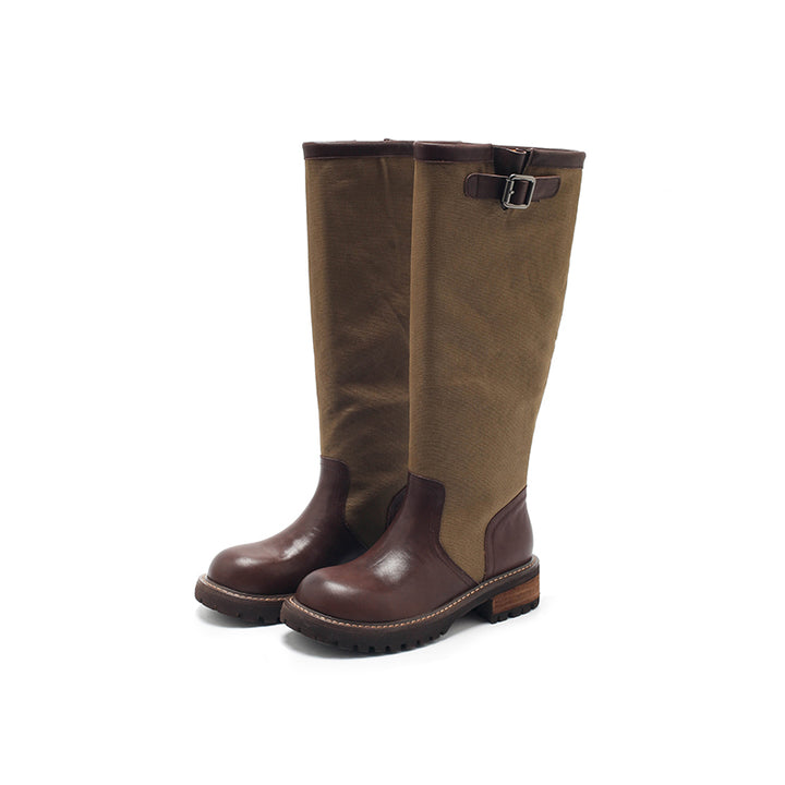 Dwarves Handmade Two-Tone Knee-High Engineer Boots Leather Linen Biker Boots in 2 Colors