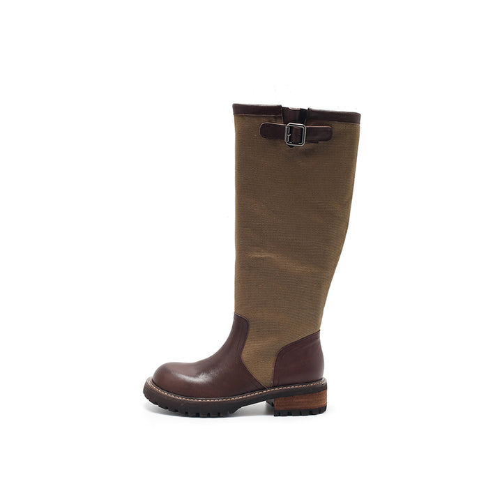 Dwarves Handmade Two-Tone Knee-High Engineer Boots Leather Linen Biker Boots in 2 Colors