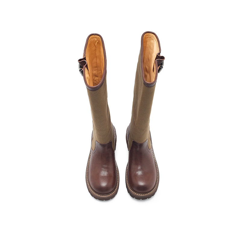 Dwarves Handmade Two-Tone Knee-High Engineer Boots Leather Linen Biker Boots in 2 Colors