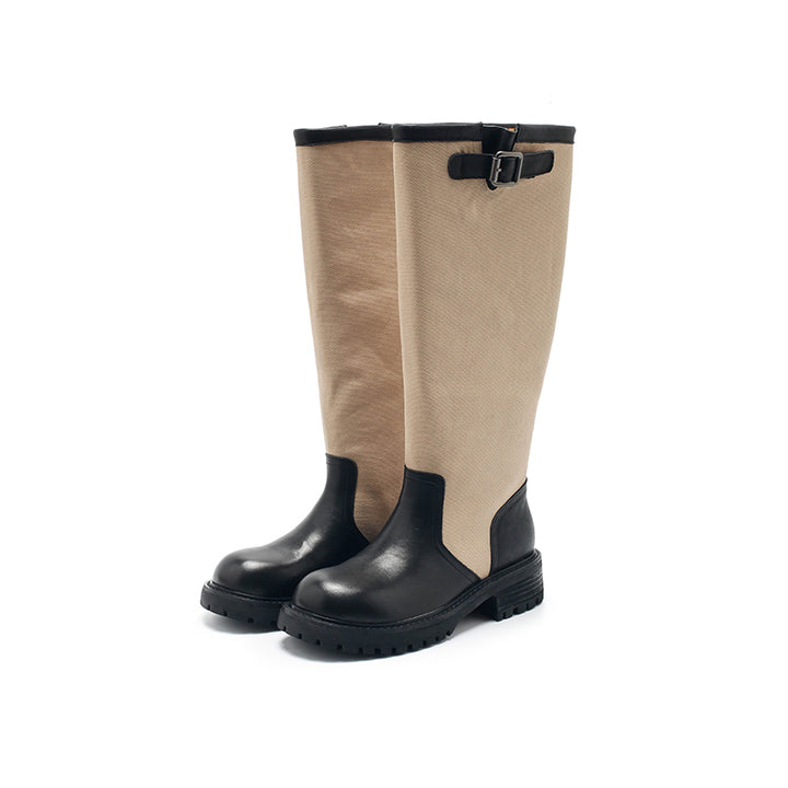 Dwarves Handmade Two-Tone Knee-High Engineer Boots Leather Linen Biker Boots in 2 Colors