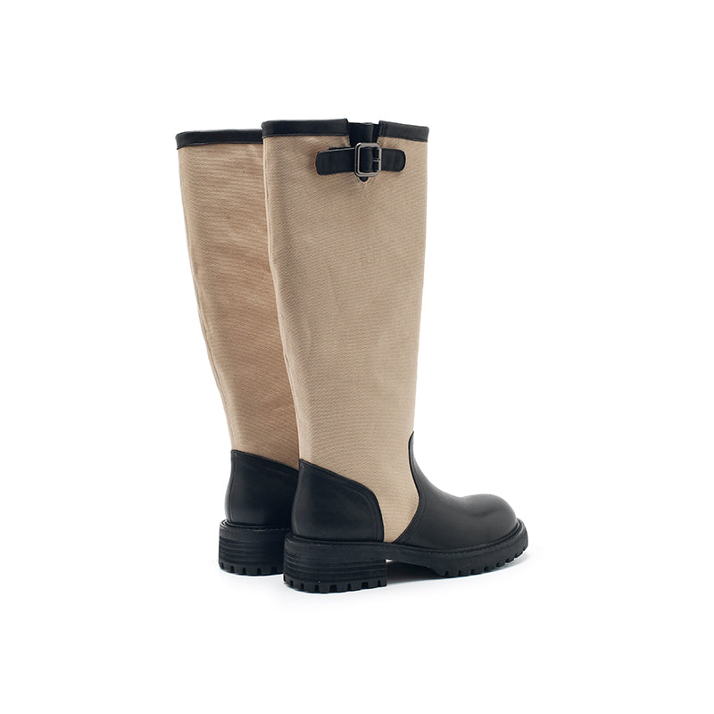 Dwarves Handmade Two-Tone Knee-High Engineer Boots Leather Linen Biker Boots in 2 Colors