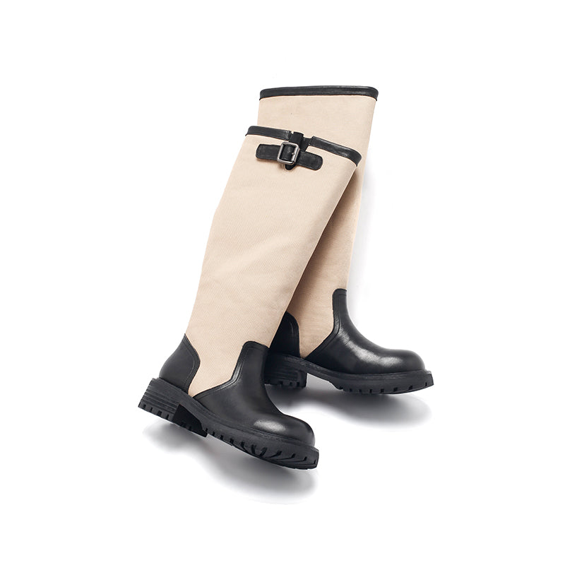Dwarves Handmade Two-Tone Knee-High Engineer Boots Leather Linen Biker Boots in 2 Colors