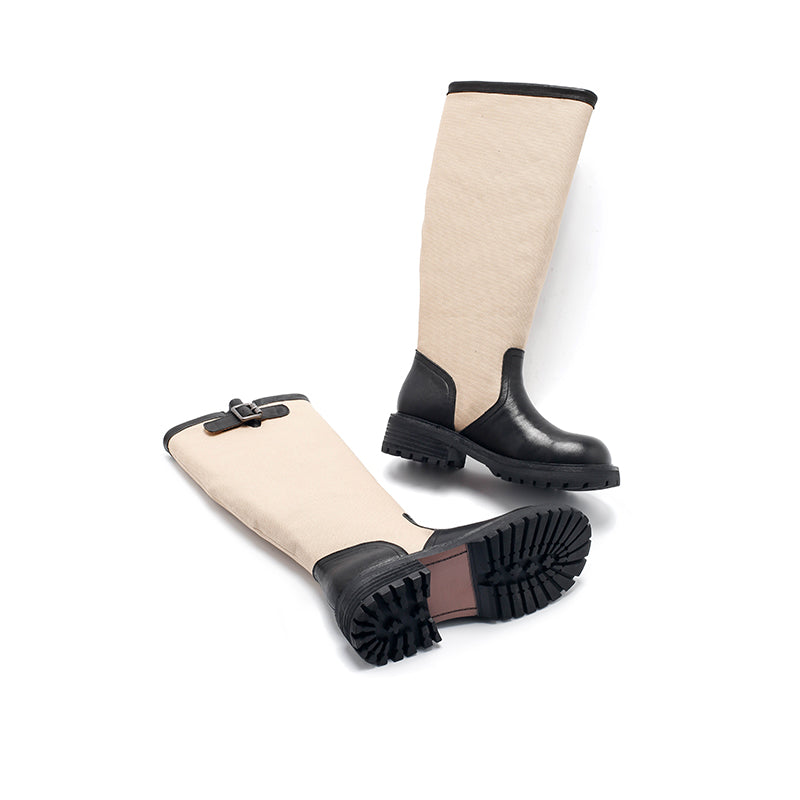 Dwarves Handmade Two-Tone Knee-High Engineer Boots Leather Linen Biker Boots in 2 Colors