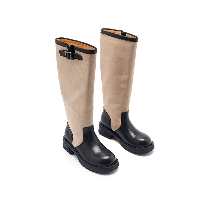 Dwarves Handmade Two-Tone Knee-High Engineer Boots Leather Linen Biker Boots in 2 Colors