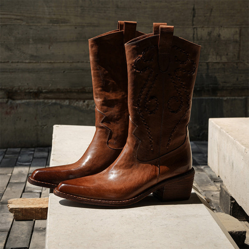 Handmade Horse Leather Embroidered Western Mid-Calf Cowboy Boots in Black/Caramel