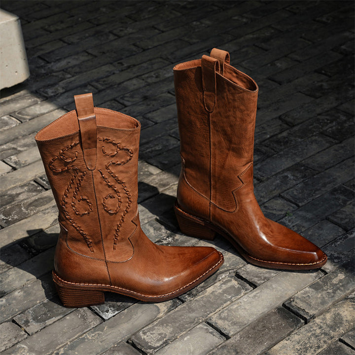 Handmade Horse Leather Embroidered Western Mid-Calf Cowboy Boots in Black/Caramel