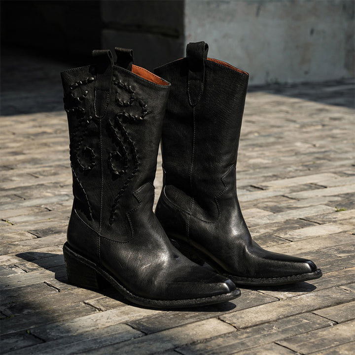 Handmade Horse Leather Embroidered Western Mid-Calf Cowboy Boots in Black/Caramel