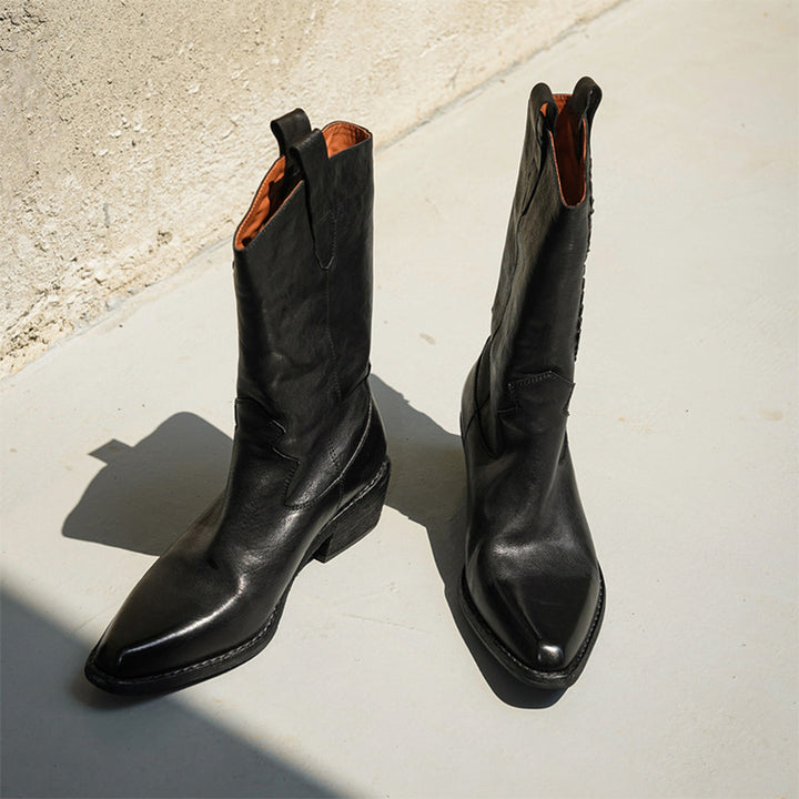 Handmade Horse Leather Embroidered Western Mid-Calf Cowboy Boots in Black/Caramel