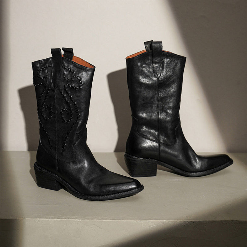 Handmade Horse Leather Embroidered Western Mid-Calf Cowboy Boots in Black/Caramel