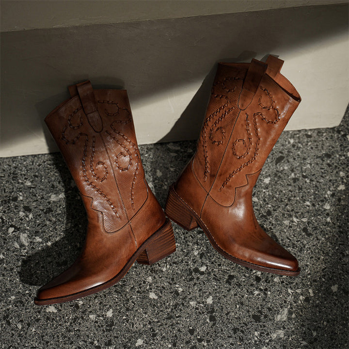 Handmade Horse Leather Embroidered Western Mid-Calf Cowboy Boots in Black/Caramel