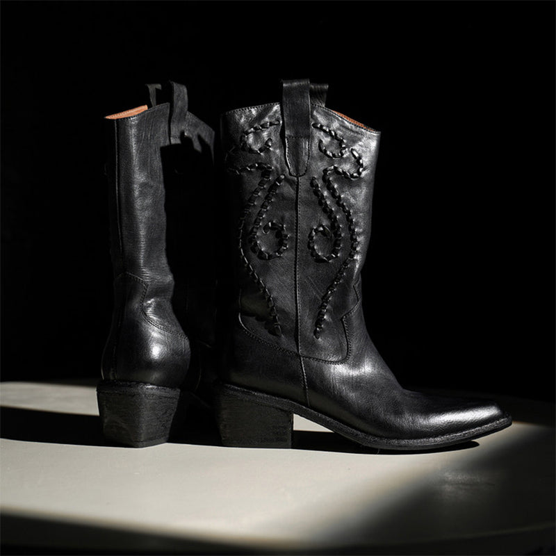 Handmade Horse Leather Embroidered Western Mid-Calf Cowboy Boots in Black/Caramel