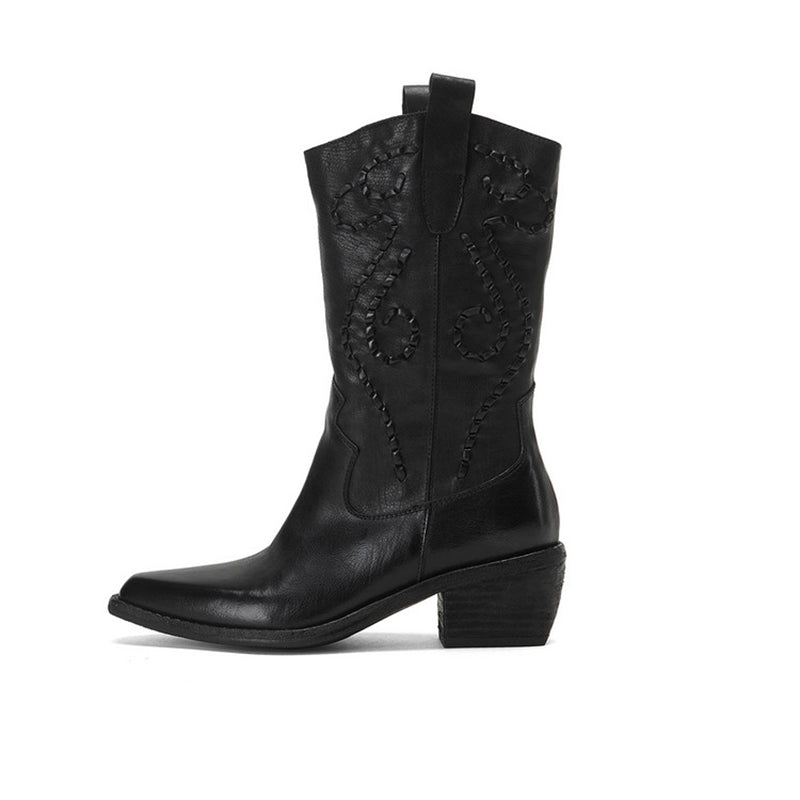 Handmade Horse Leather Embroidered Western Mid-Calf Cowboy Boots in Black/Caramel