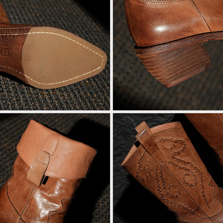 Handmade Horse Leather Embroidered Western Mid-Calf Cowboy Boots in Black/Caramel
