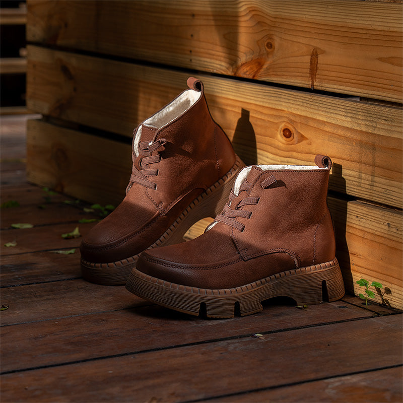 Bottines en Cuir à Lacets à Bout Rond Fait Main pour Femmes en Café/Gris