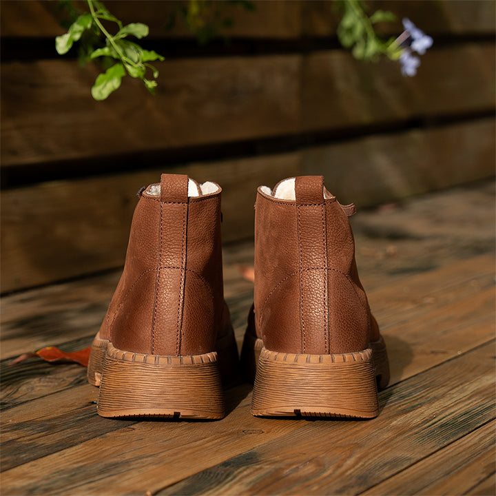 Bottines en Cuir à Lacets à Bout Rond Fait Main pour Femmes en Café/Gris