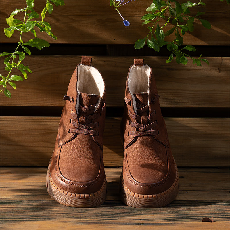 Bottines en Cuir à Lacets à Bout Rond Fait Main pour Femmes en Café/Gris