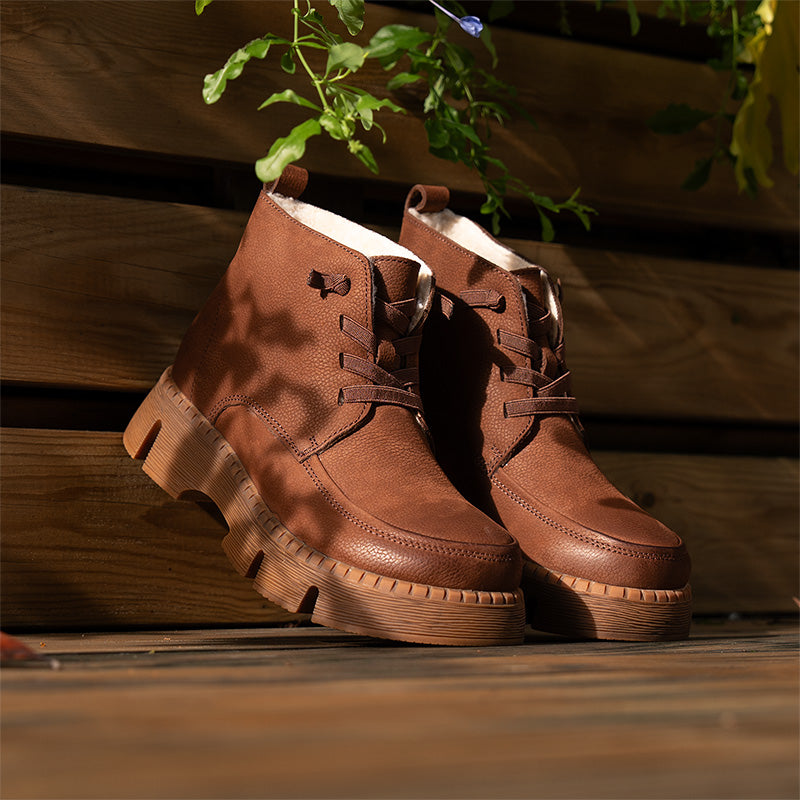 Bottines en Cuir à Lacets à Bout Rond Fait Main pour Femmes en Café/Gris