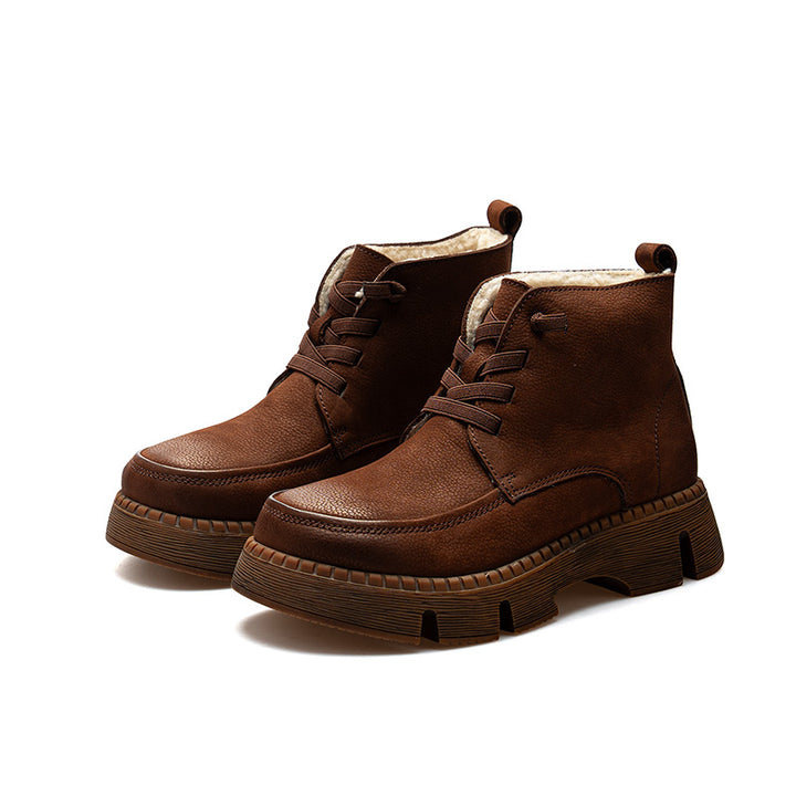 Bottines en Cuir à Lacets à Bout Rond Fait Main pour Femmes en Café/Gris