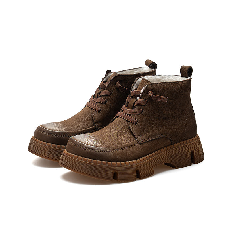 Bottines en Cuir à Lacets à Bout Rond Fait Main pour Femmes en Café/Gris