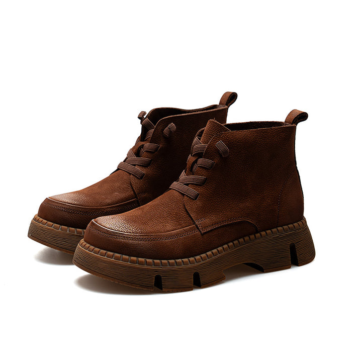 Bottines en Cuir à Lacets à Bout Rond Fait Main pour Femmes en Café/Gris