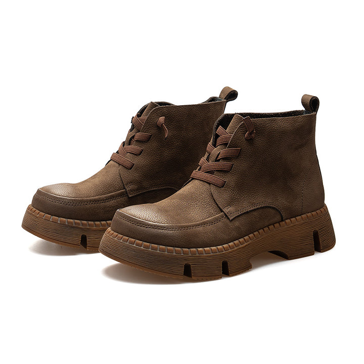 Bottines en Cuir à Lacets à Bout Rond Fait Main pour Femmes en Café/Gris
