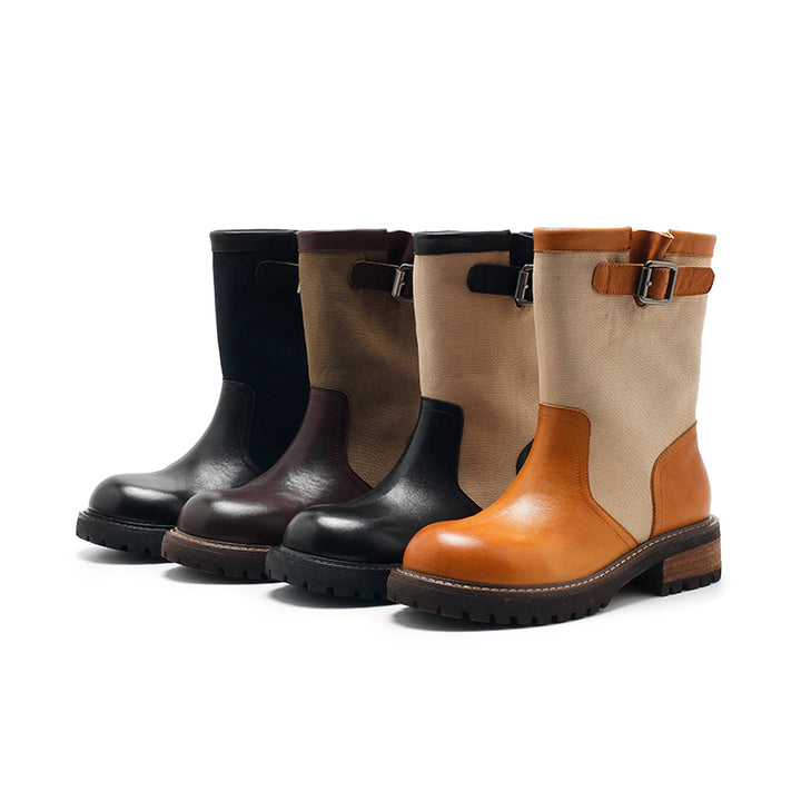 Dwarves Two-Tone Buckle Strap Mid-Calf Engineer Boots Leather Linen Biker Boots in 4 Colors