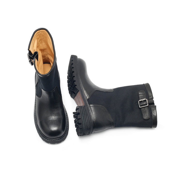 Dwarves Two-Tone Buckle Strap Mid-Calf Engineer Boots Leather Linen Biker Boots in 4 Colors