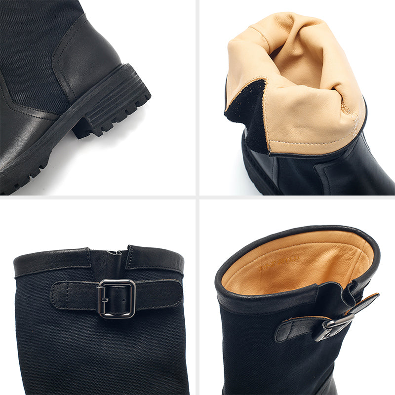 Dwarves Two-Tone Buckle Strap Mid-Calf Engineer Boots Leather Linen Biker Boots in 4 Colors