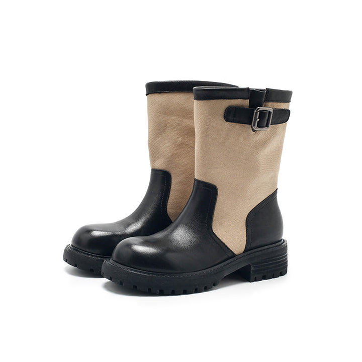 Dwarves Two-Tone Buckle Strap Mid-Calf Engineer Boots Leather Linen Biker Boots in 4 Colors