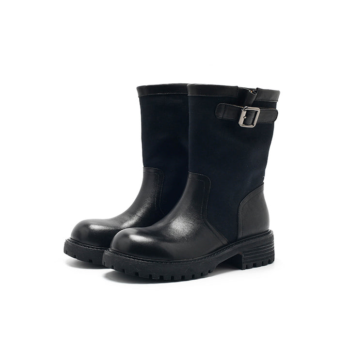Dwarves Two-Tone Buckle Strap Mid-Calf Engineer Boots Leather Linen Biker Boots in 4 Colors