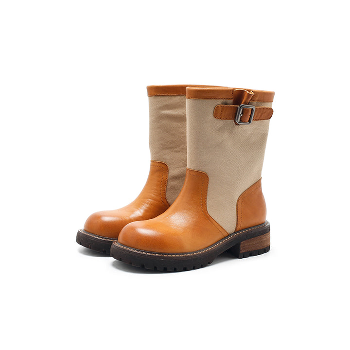 Dwarves Two-Tone Buckle Strap Mid-Calf Engineer Boots Leather Linen Biker Boots in 4 Colors