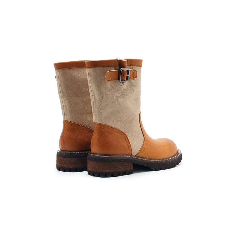 Dwarves Two-Tone Buckle Strap Mid-Calf Engineer Boots Leather Linen Biker Boots in 4 Colors
